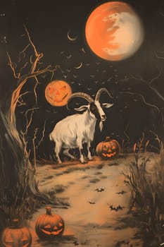 A goat is standing in front of a pumpkin patch with pumpkins and a moon in the background