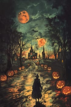 A painting of a haunted forest with a castle in the background. The painting is full of pumpkins and bats