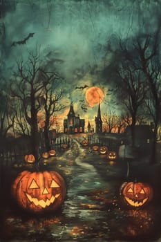 A painting of a haunted forest with a castle in the background. The painting is full of pumpkins and bats