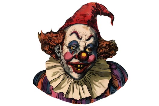vintage retro illustration of a clown with a red nose and a creepy smile for Halloween