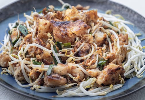 Close-up of Traditional Fried Thai Noodles (Pad Thai) with Egg, Fried tofu, Dried shrimp, Bean sprouts, Chives and Roasted peanuts on Ceramic plate. That popular food for foreigner tourists. Selective focus.