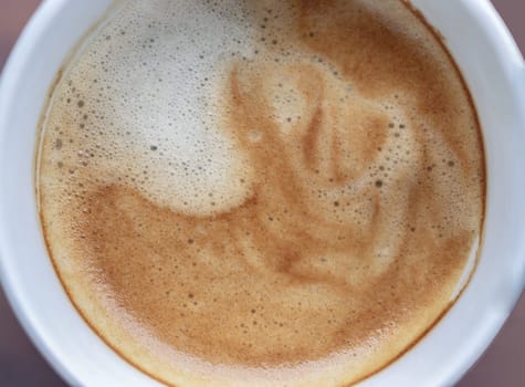 Top view of Cappuccino milk foam closeup. Very creamy coffee foam with bubbles, Coffee Time in the Morning, Top view, Space for text, Selective focus.