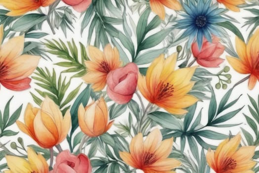 Seamless watercolor floral pattern - pink blush flowers elements, green leaves branches on dark black background; floral print, wallpapers, postcards, greeting cards,