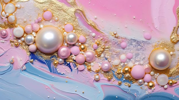 Abstract artistic background with pearlescent pink marble and holographic golden paint stains. Generated AI