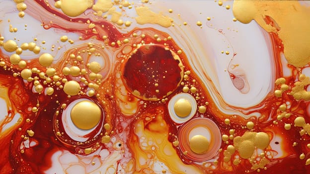 Abstract artistic background with red marble and golden paint stains. Generated AI