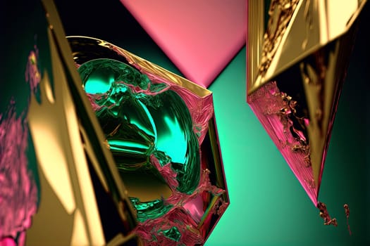 Abstract background with free 3D golden shapes, flowing and melting in surreal motion. Soft splashing abstract forms background with green and purple crystal inclusion. Generated AI
