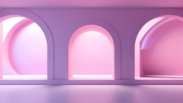 Abstract pink room with arch. Surreal architectural abstraction in pastel colors. Generated AI