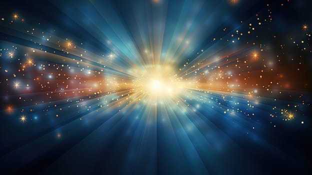 Abstract backgound with blue and orange light rays. God rays or light burst with bokeh. Generated AI