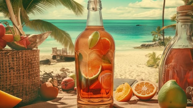 Bottle with fruit water or alcohol in the sand of the beach. Vacation scene with lemonade bottle on the shore line. Generative AI