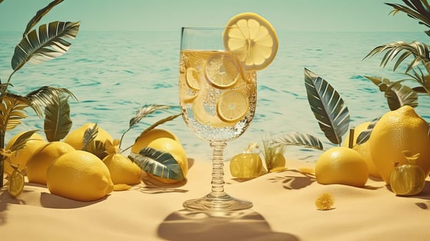 Glass with lemon water in the sand of the beach. Vacation scene with lemonade glass on the shore line. Generative AI.