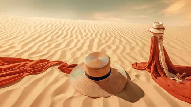 Hat and towel on the sand of the beach. Vacation scene with straw hat on the shore line. Generative AI