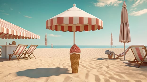 Ice cream cone in the sand of the beach. Vacation scene with ice cream on the shore line. Generative AI