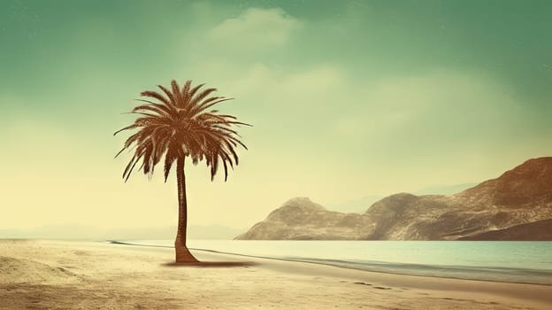 Palm tree on the sand of the beach. Vacation scene with palm on the shore line. Generative AI