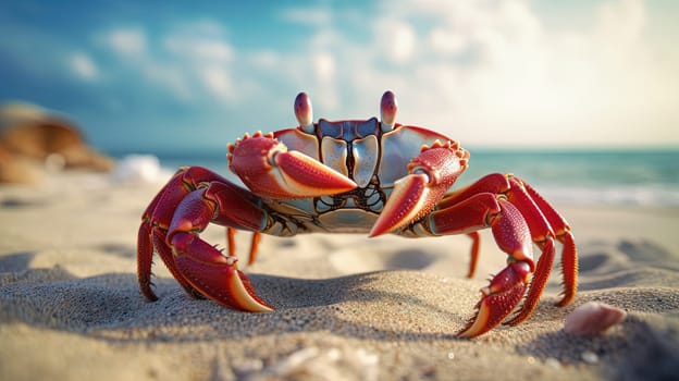 Curious crab on the sandy beach in nostalgic card style. Retro vacation postcard with crab on the coast. Generated AI
