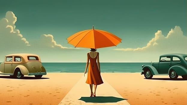 Umbrella on the hot sand of the beach. Grungy card with vacation scene of parasol on the shore line. Generative AI