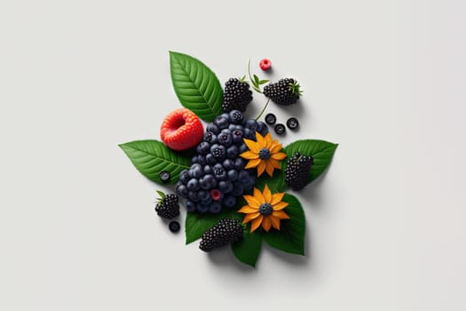 Various berries composition with leaves on white background. Juicy berries laying. Generated AI
