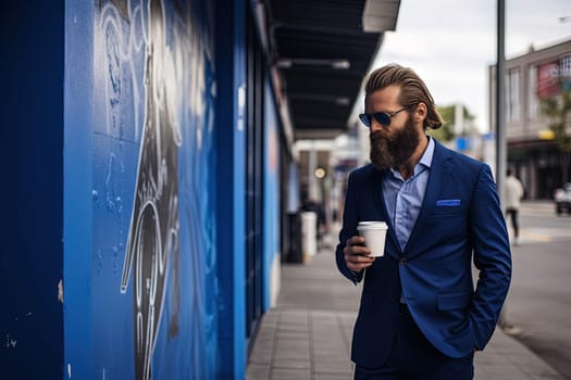 Businessman with huge beard, fashionable blue suit and a cup of coffee on the street. Generated AI