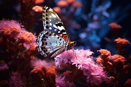 Butterfly on the colorful flowers and plants. Calm nature scene with dreamy colors. Generated AI