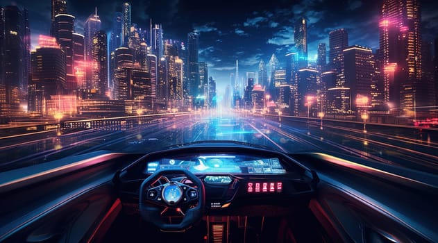 Furutistic car dashboard in the neon city.Synthwave or cyberpunk automobile control panel. Generated AI