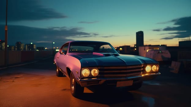 Vintage muscle car parked on the street at night. 80s styled synthwave retro scene with powerful drive in evening. Generated AI