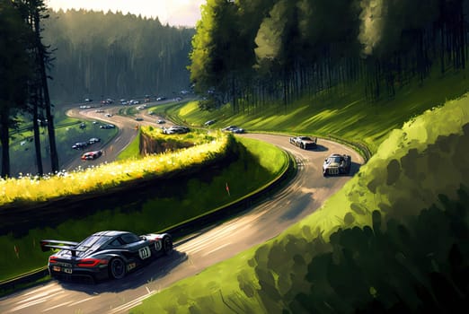 Racing car on the track. Outdoor race with fast cars making speed laps. Generated AI
