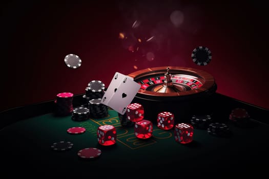 Casino concept with abstract gambling objects. Dark casino room with roulette, cards and dices. Generative AI