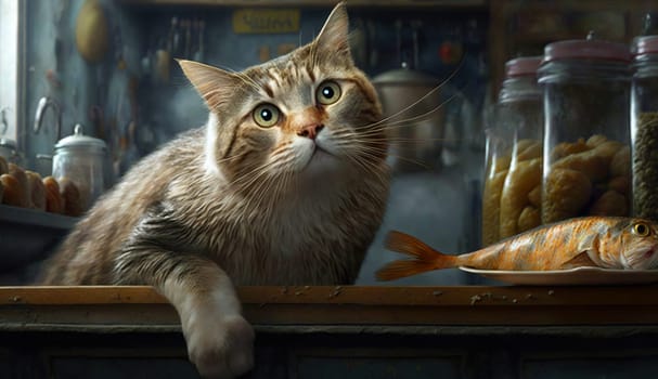 Hungry cat by the table, sadly staring. Cute kitten with the food. Generated AI