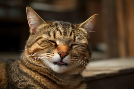 Funny cat laughing. Happy and kind relaxed kitten face with happy satisfied smile
