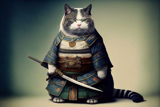 Cat samurai in traditional armor with katana. Japanese styled illustration with kitten warrior in kimono. Generated AI