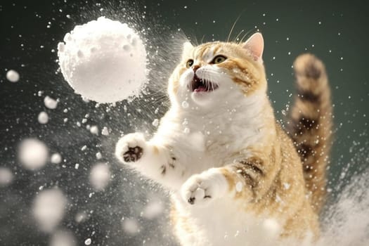 Cat smacked by snowball. Cute kitten with surprised and angry face, hit by snow during winter game. Generated AI