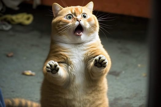 Funny surprised cat with a questioning pose. A cute kitten asks in surprise where the treats are. Generated AI