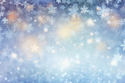 Christmas background with snowflakes and bokeh. Winter holidays celebration backdrop with snow on blurred background. Generated AI