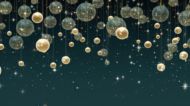 Christmas background with hanging baubles. Xmas balls on winter holidays greeting card. Generated AI
