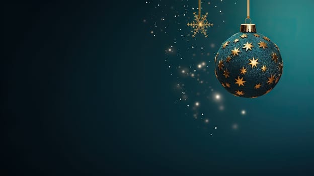 Beautiful Christmas bauble hanging on the background with snow sparkles. Xmas wither holiday card with glass ball. Generated AI