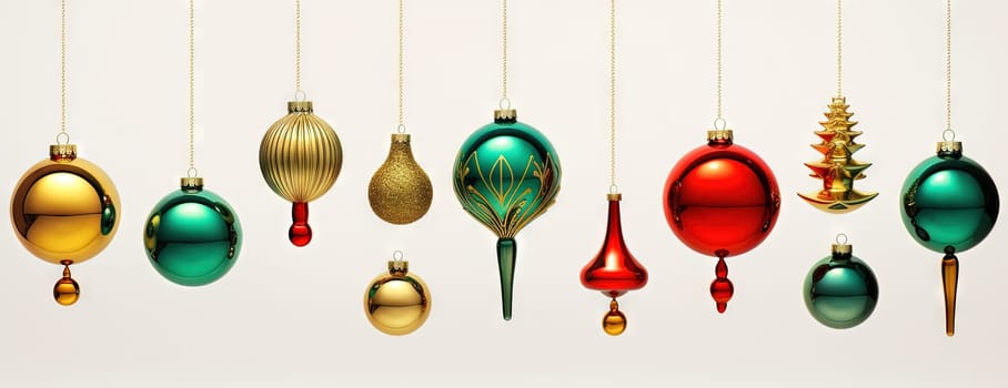 Shiny Christmas baubles in line. Collection of Xmas glass balls with ornament. Generated AI