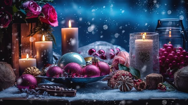 Christmas decoration with candles and baubles. Xmas card template with winter holidays ornament, candles and balls. Generated AI