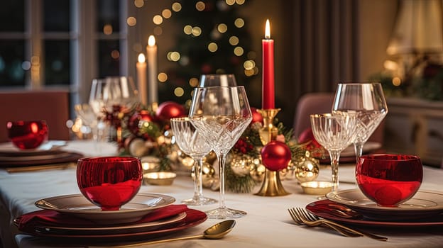 Christmas dinner table setting in winter holidays room. Generated AI