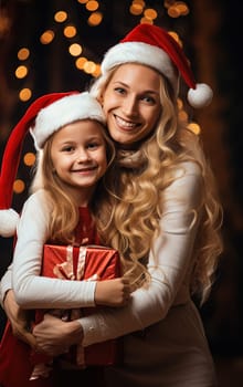 Mother and daughter sitting under the Christmas tree with gifts during winter holidays. Generated AI