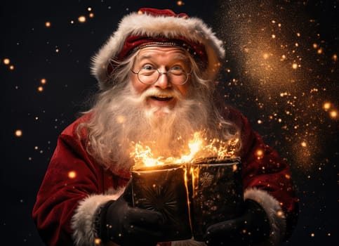 Santa Claus giving a Christmas gift. Xmas winter holiday scene with magic gifts and Santa. Generated AI