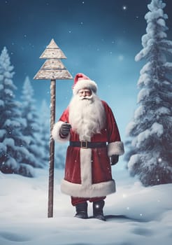 Santa with singboard on Christmas holidays. Road sign on winter track with Santa Claus. Generated AI