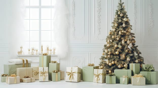 Christmas tree with gifts in the bright room in morning. Winter holidays in light interior. Generated AI