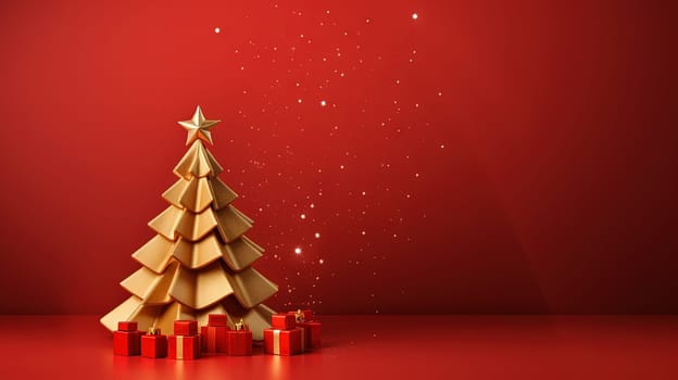 Christmas tree card template with red background. Xmas winter holidays card with fir and golden balls. Generated AI
