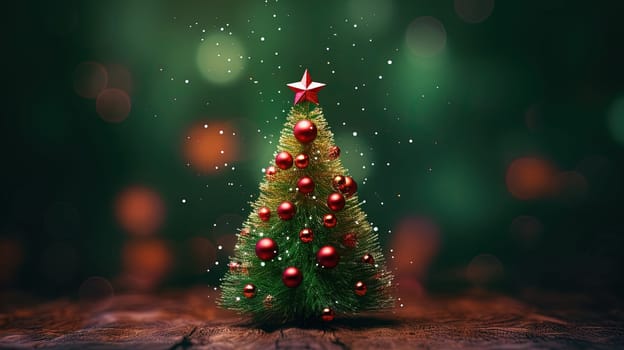 Christmas tree with glass balls on the blurred background with bokeh. Winter holidays greeting card with Xmas fir and baubles. Generated AI