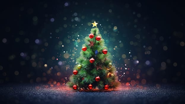 Tiny Christmas Tree toy on the table. Symbol of winter holidays with bokeh lights. Generated AI