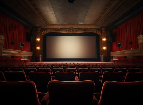 Cinema interior with seats and white screen. Movie theater room with chairs. Generated AI