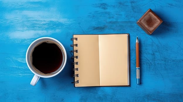 Cup of coffee and notepad with pen, top view. Generated AI