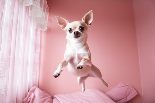 Cute chihuahua puppy jumping in the pink room. Tiny dog soaring in light veil and tulle. Generated AI