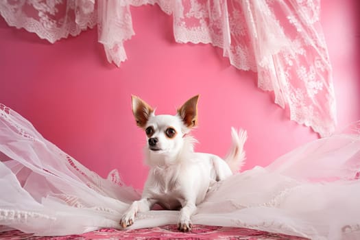 Little cute dog chihuahua in pink room with laces. Generated AI