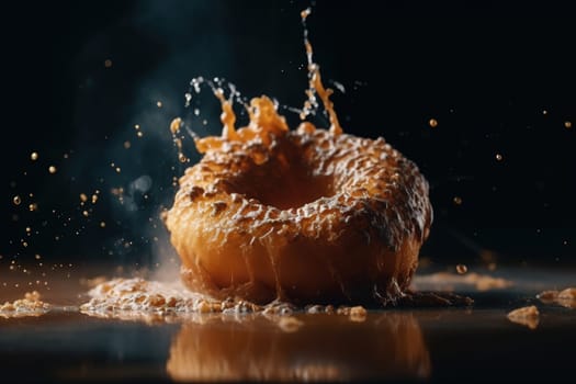 Donut expressive shot with topping and sugar powder splash. Tasty donut food styling image. Generative AI
