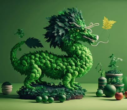 Green dragon, mysterious monster from farytales and symbol of 2024 lunar year in Chinese calendar. Generated AI